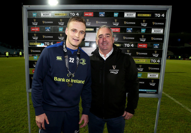 Nick McCarthy is presented with the Guinness PRO12 man of the match award by Robert Murphy