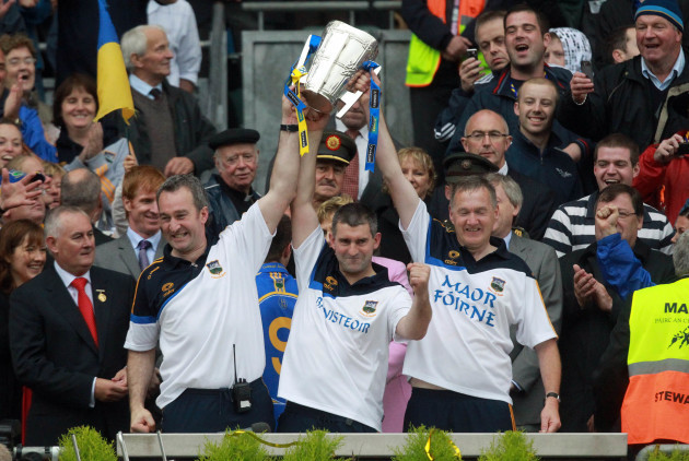 Michael Ryan, Liam Sheedy and Eamon O'Shea lift the Liam McCarthy Cup
