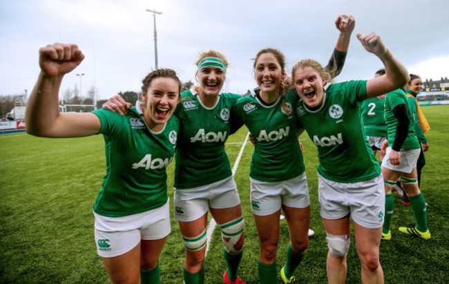 Eimear Considine, Kim Flood, Mairead Coyle and Ciara Cooney celebrate after the game