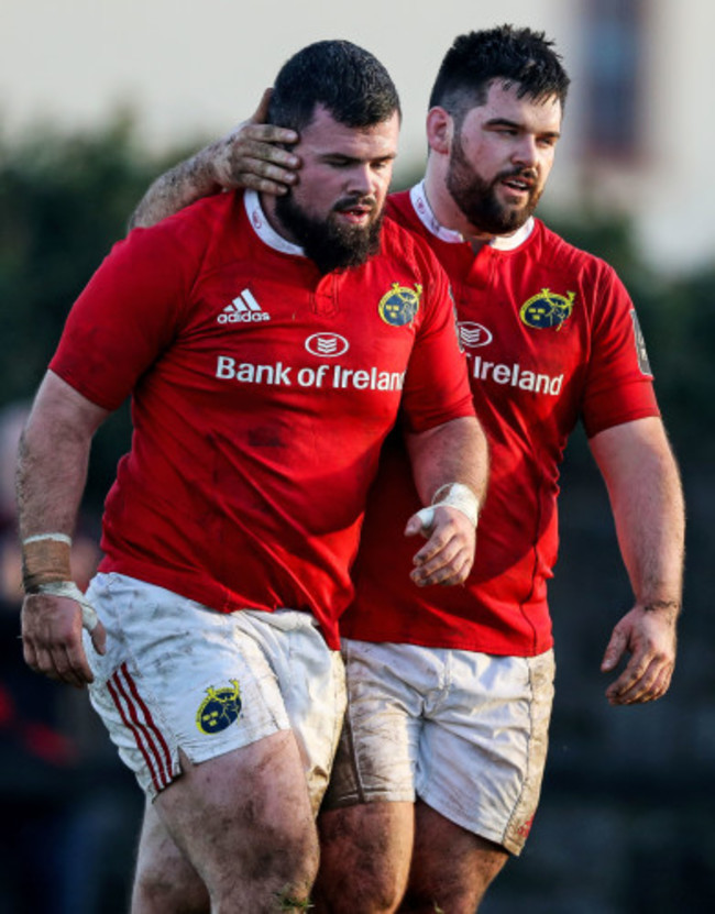 Rory Burke celebrates scoring a try with Kevin O'Byrne