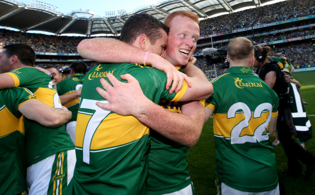 Shane Enright and Johnny Buckley celebrate after the game