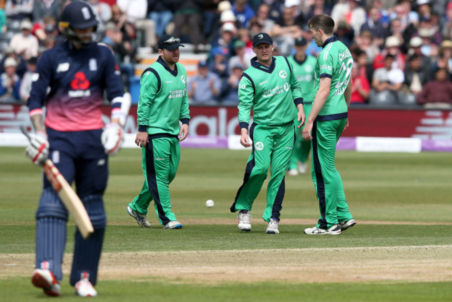 William Porterfield celebrates taking the wicket of Alex Hales