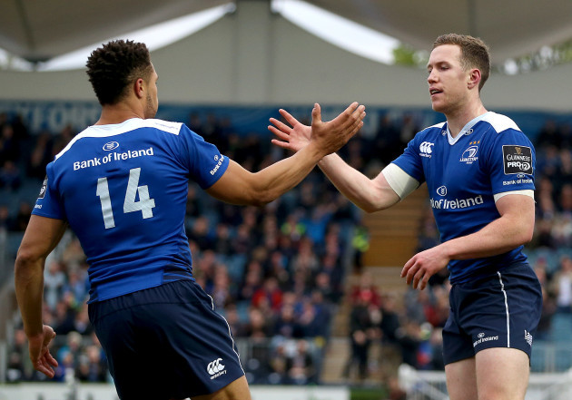 Rory O’Loughlin celebrates scoring a try with Adam Byrne