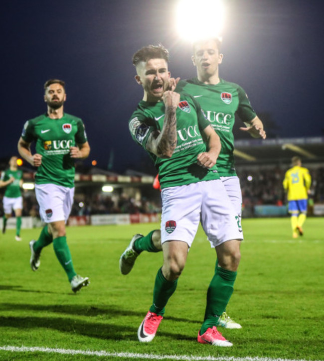 Se&aacute;n Maguire celebrates scoring his sides fifth goal with Connor Ellis