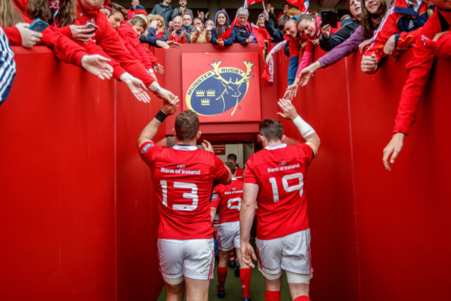 Jaco Taute and Peter O’Mahony leave the field