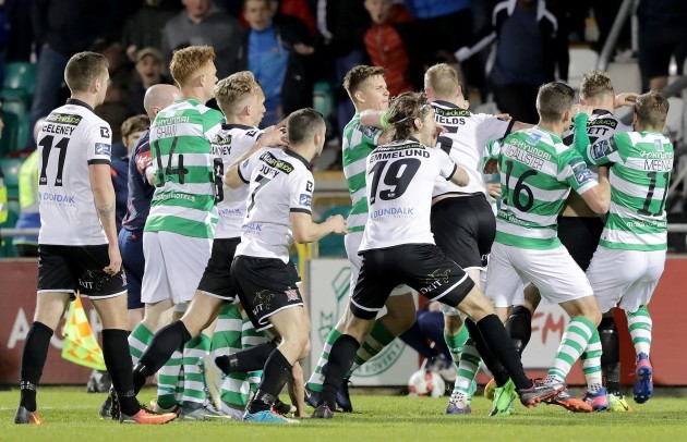 Shamrock Rovers and Dundalk players get involved in an altercation late in the game