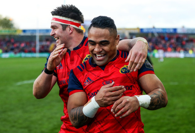 Billy Holland celebrates with Francis Saili after the game