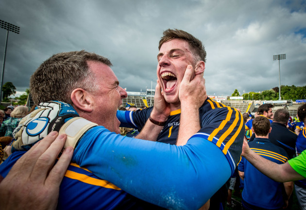 Tipperary manager Liam Kearns celebrates with Evan Comerford