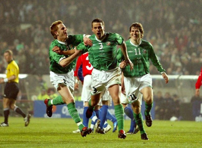 Alan Maybury and Kevin Kilbane celebrate with goalscorer Ian Harte