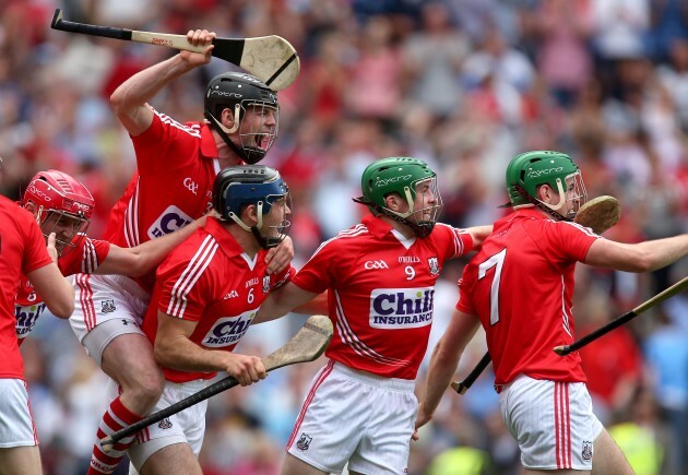 Shane O'Neill, Christopher Joyce, Daniel Kearney and William Egan celebrate at the final whistle