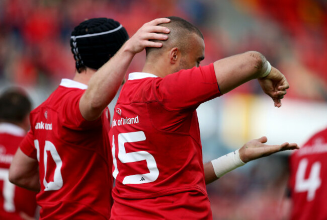 Simon Zebo celebrates scoring a try with Tyler Bleyendaal