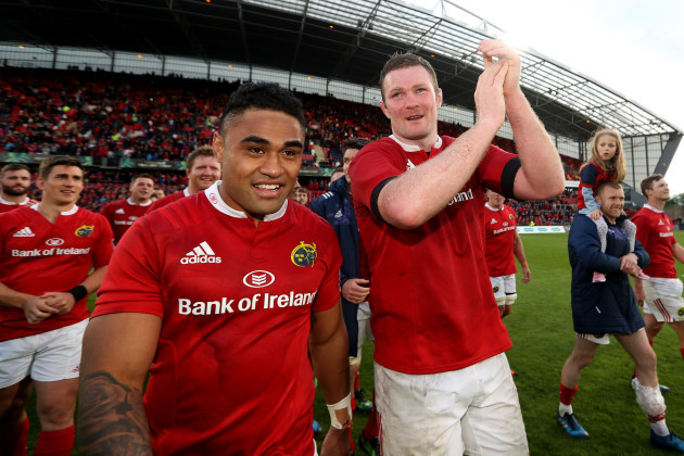 Donnacha Ryan celebrates after the game with Francis Saili