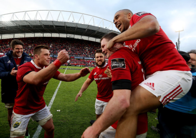 Simon Zebo celebrates after the game with Donnacha Ryan and CJ Stander