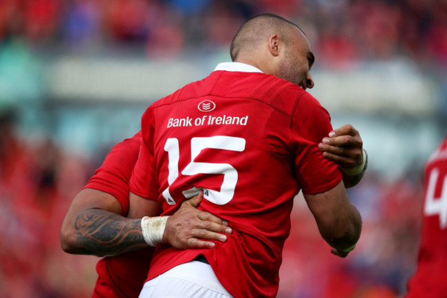 Simon Zebo celebrates scoring a try with Francis Saili