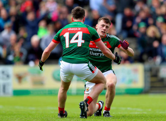 Cillian O'Connor celebrbates with Diarmuid O'Connor after he scored the opening goal