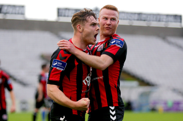 George Poynton celebrates his goal with Lorcan Fitzgerald