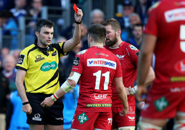 Scarlets' Steff Evans is sent off by referee Marius Mitrea after a tackle on Garry Ringrose