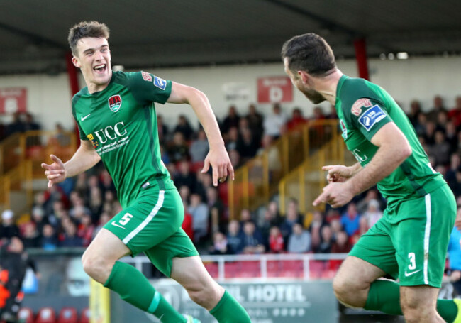 Ryan Delaney and Alan Bennett celebrate Kevin O'Connor's winning goal