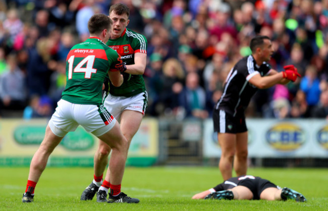 Cillian O'Connor celebrbates with Diarmuid O'Connor after he scored the opening goal