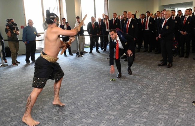 Captain Sam Warburton accepts the Maori challenge on arrival