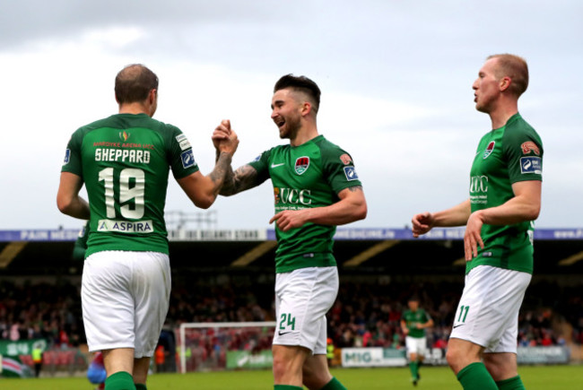 arl Sheppard celebrates scoring their third goal with Sean Maguire and Stephen Dooley