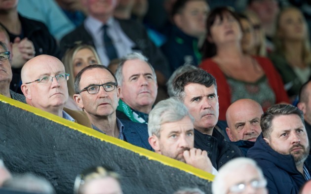 Republic of Ireland manager Marin O'Neill and assistant mangager Roy Keane watch the game
