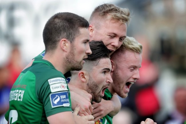 Kevin O'Connor Conor McCormack and Gearoid Morrissey congratulate goalscorer Sean Maguire