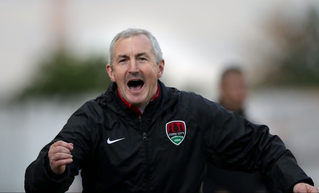Cork City manager John Caulfield celebrates their third goal