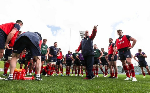 Warren Gatland in the team huddle during training