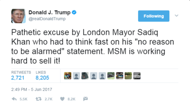 Donald Trump Sadiq tweet