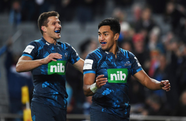 Rieko Ioane celebrates scoring their first try with Matt Duffie