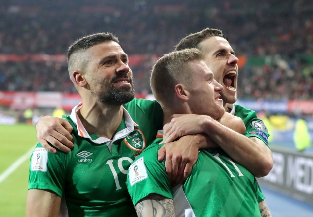 James McClean celebrates scoring the opening goal of the game with Jon Walters and Robbie Brady