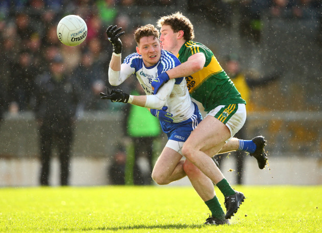 Tadhg Morley tackles Conor McManus