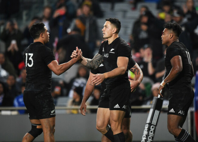 Anton Lienert-Brown and Sonny Bill Williams celebrate Julian Savea's try