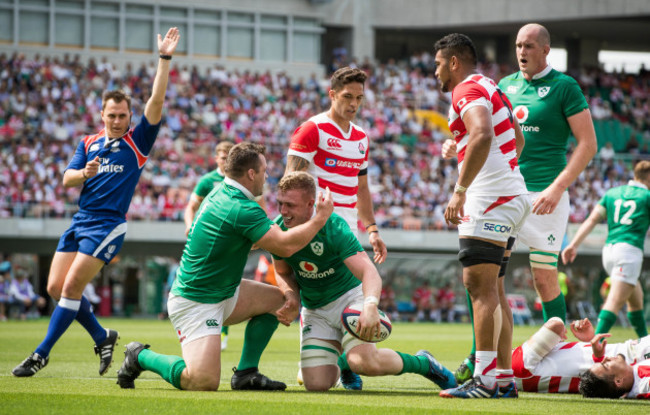 Dan Leavy celebrates his first try with Cian Healy