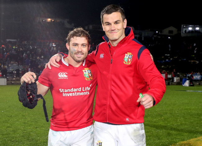 Leigh Halfpenny and Jonathan Sexton celebrate winning