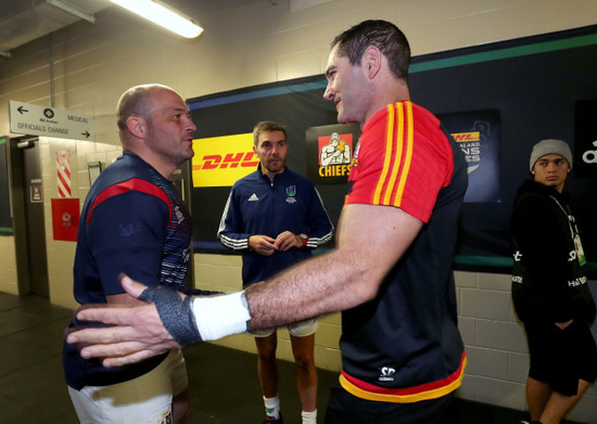 Rory Best with Stephen Donald and Jerome Garces at the coin toss