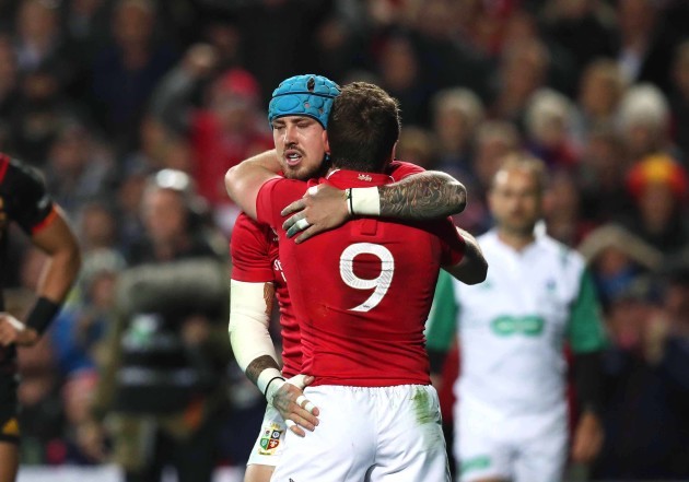 Jack Nowell celebrates scoring their first try with Greig Laidlaw