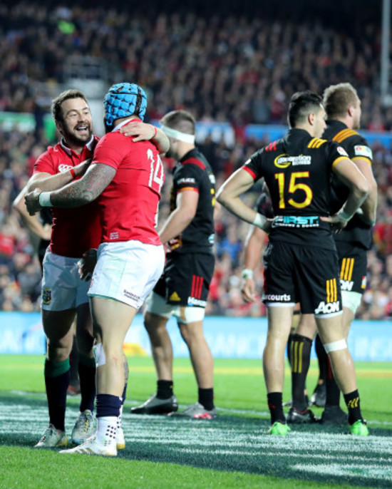 Jack Nowell celebrates scoring their first try with Greig Laidlaw