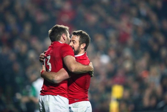 Jared Payne celebrates scoring their fourth try with Greig Laidlaw