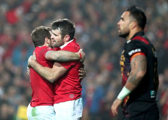 Jared Payne celebrates scoring their fourth try with Greig Laidlaw