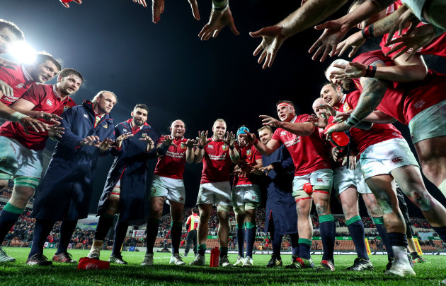 Rory Best speaks to his team after winning