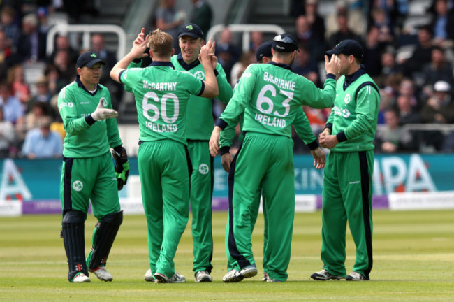 Barry McCarthy celebrates the wicket of Eoin Morgan out for 76