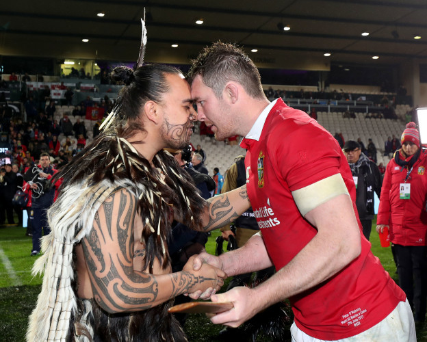 Peter O'Mahony receives a hongi after the game
