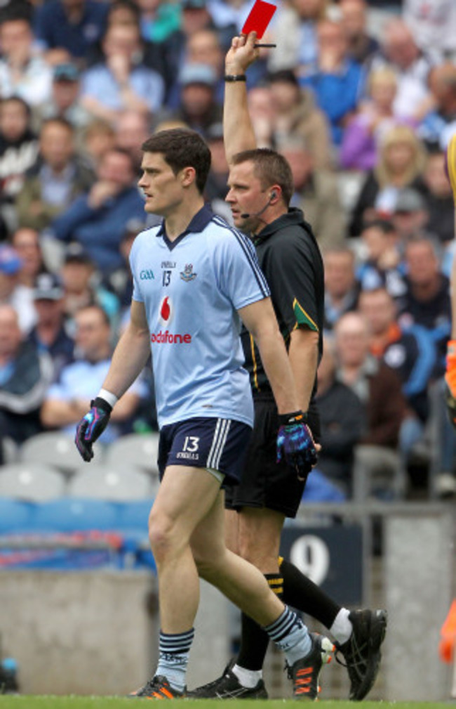 Diarmuid Connolly is shown a straight red card by Rory Hickey