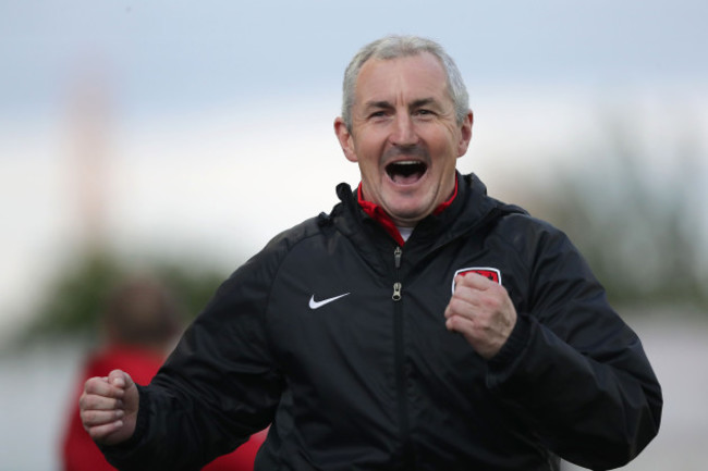 Cork City manager John Caulfield celebrates their third goal