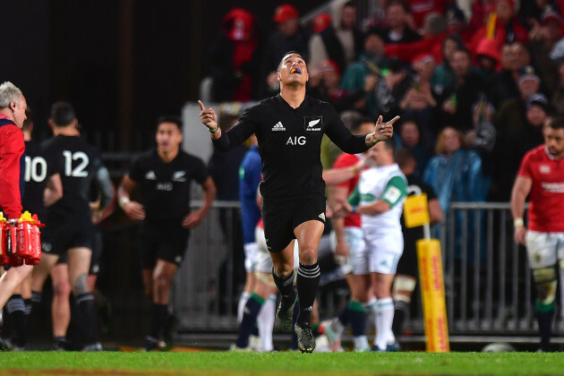 Aaron Smith celebrates Rieko Ioane scoring their second try