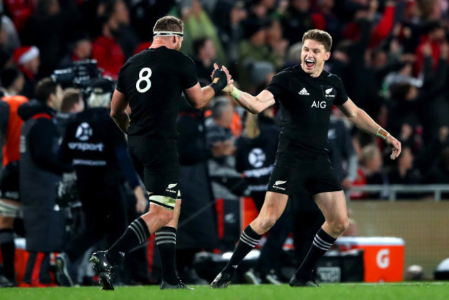 Kieran Read celebrates with Beauden Barrett after Rieko Ioane scored their third try