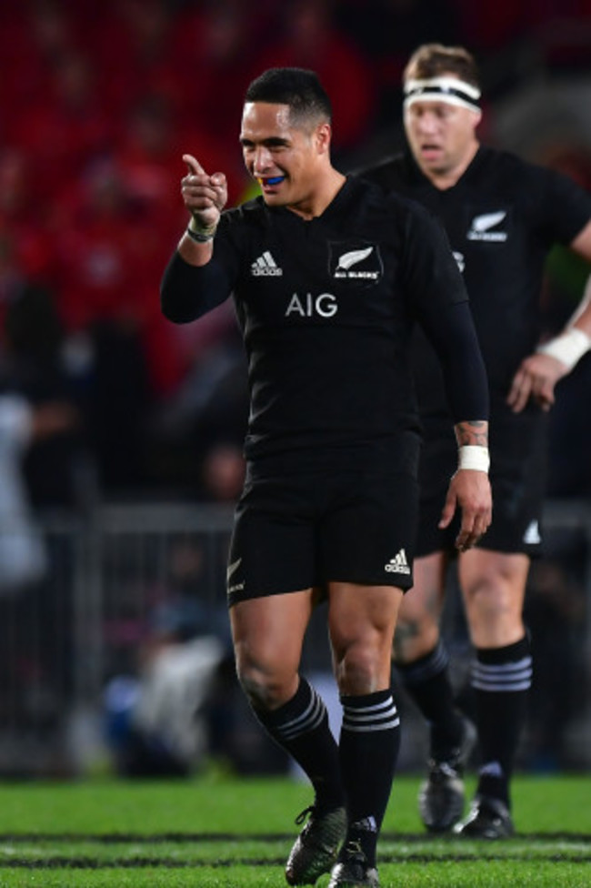 Aaron Smith celebrates Rieko Ioane scoring their second try