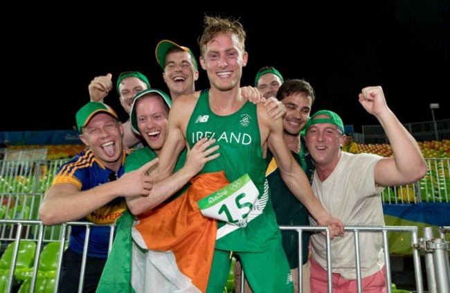 Ireland's Arthur Lanigan O'Keeffe celebrates his 8th placed finish with supporters